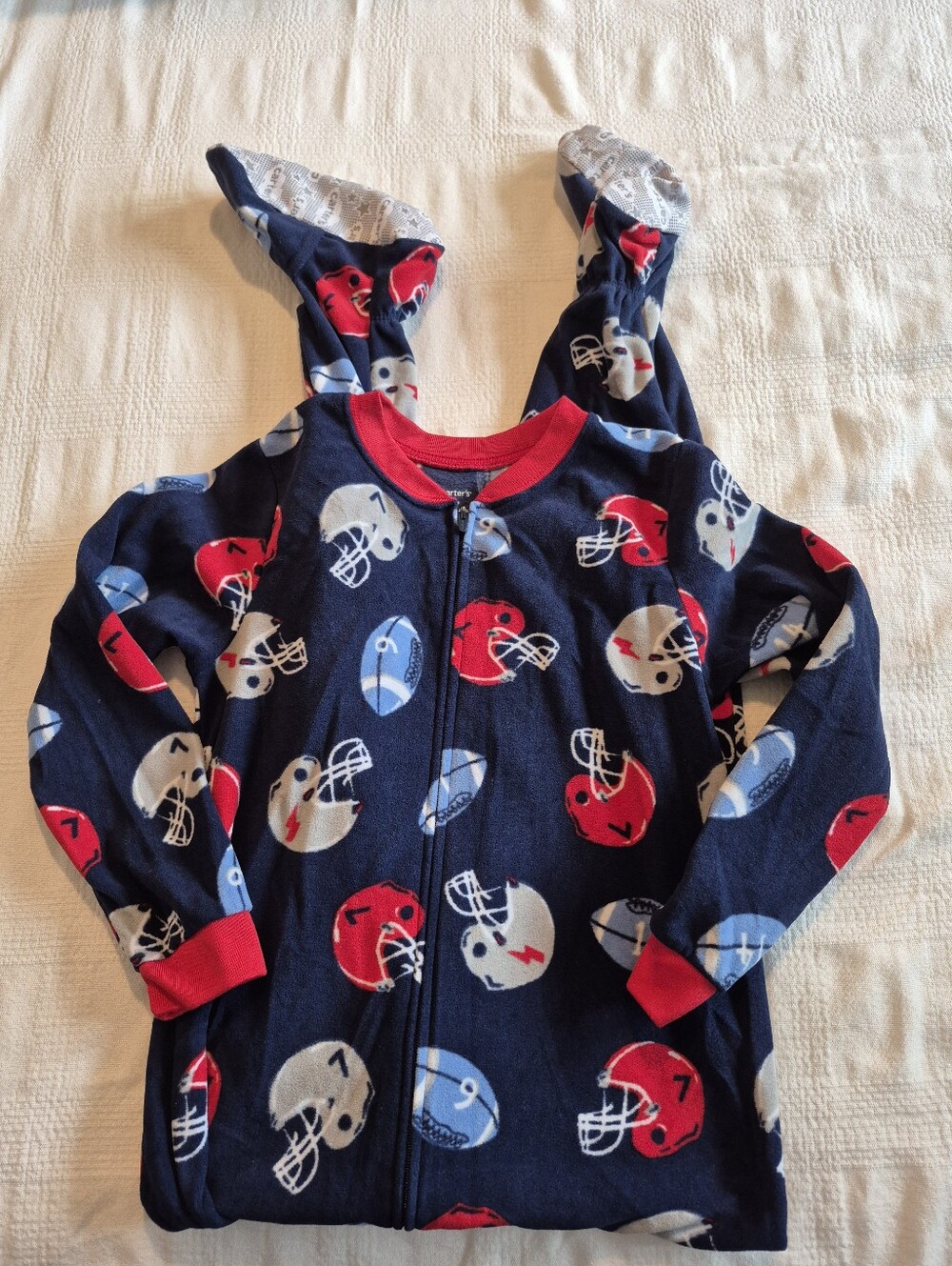 Carter's boys size 7 fleece footie pajamas navy football design VGUC